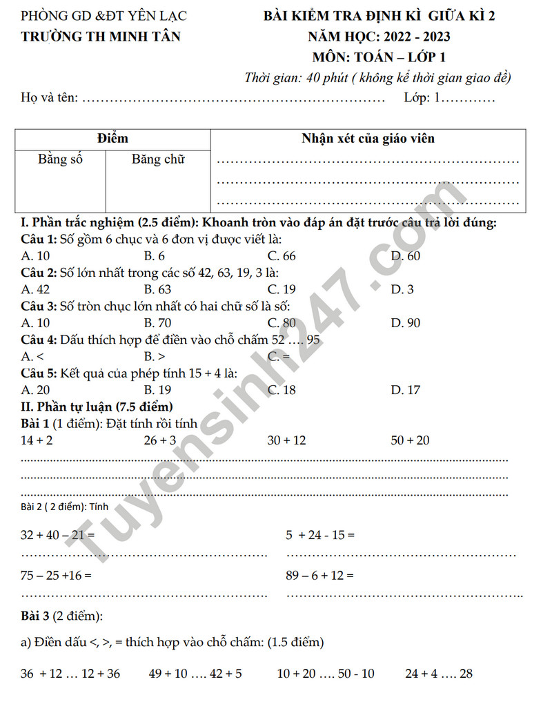 De thi giua ki 2 mon Toan lop 1 - TH Minh Tan 2023 (Co dap an)