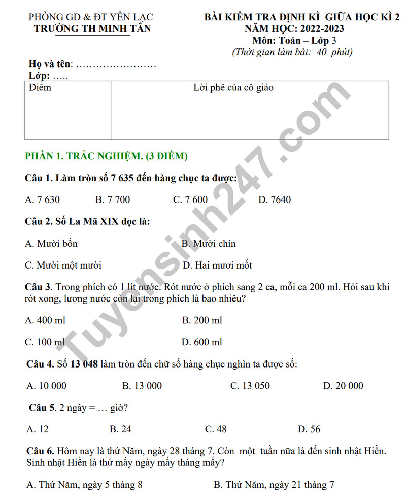 De thi giua ki 2 mon Toan lop 3 - TH Minh Tan 2023 (Co dap an)