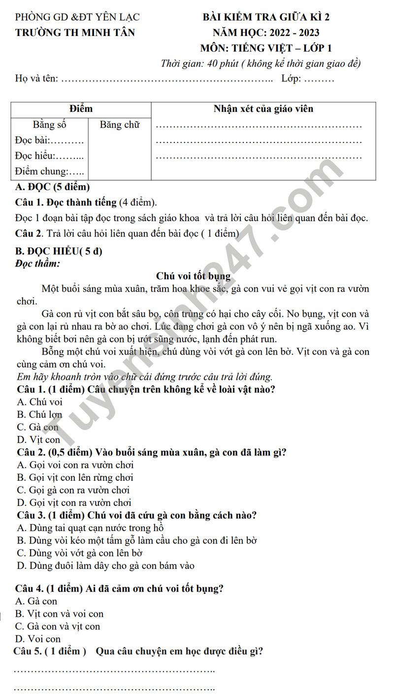 De thi giua ki 2 mon Tieng Viet lop 1 - TH Minh Tan 2023 (Co dap an)