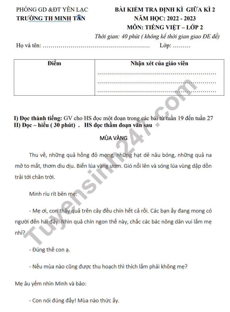 De thi giua ki 2 mon Tieng Viet lop 2 - TH Minh Tan 2023 (Co dap an)