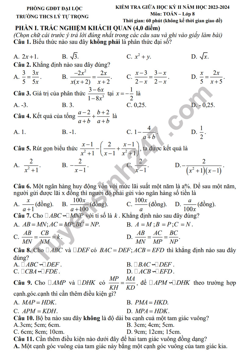 De thi giua ki 2 nam 2024 mon Toan lop 8 - THCS Ly Tu Trong (Co dap an)