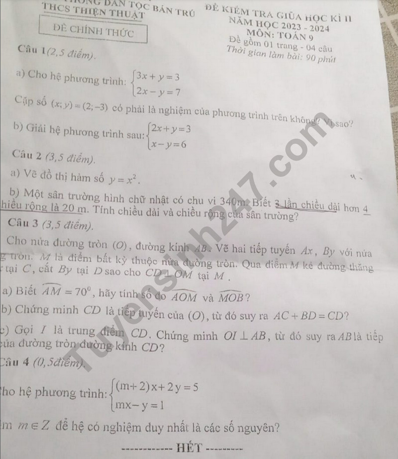 De thi giua ki 2 mon Toan lop 9 - THCS Thien Thuat 2024
