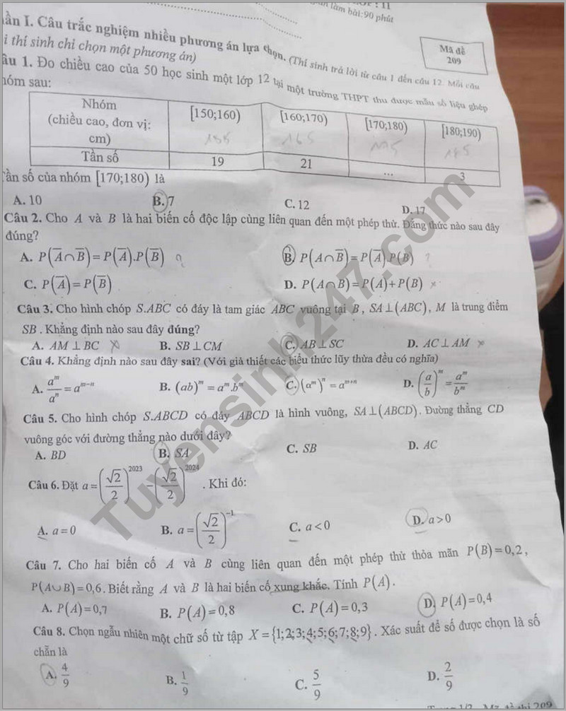 De thi giua ki 2 lop 11 mon Toan - THPT Yen Hoa 2024 (Cau truc moi)