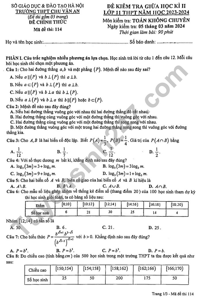 De thi giua ki 2 mon Toan lop 11 - THPT Chu Van An 2024