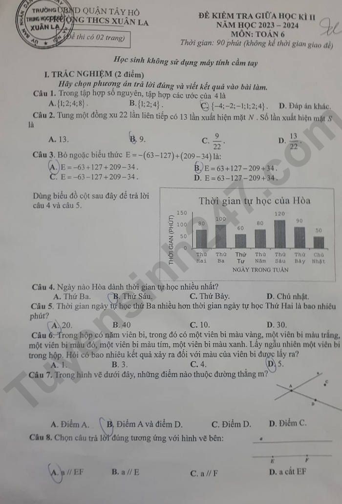 De thi giua ki 2 mon Toan lop 6 - THCS Xuan La 2024