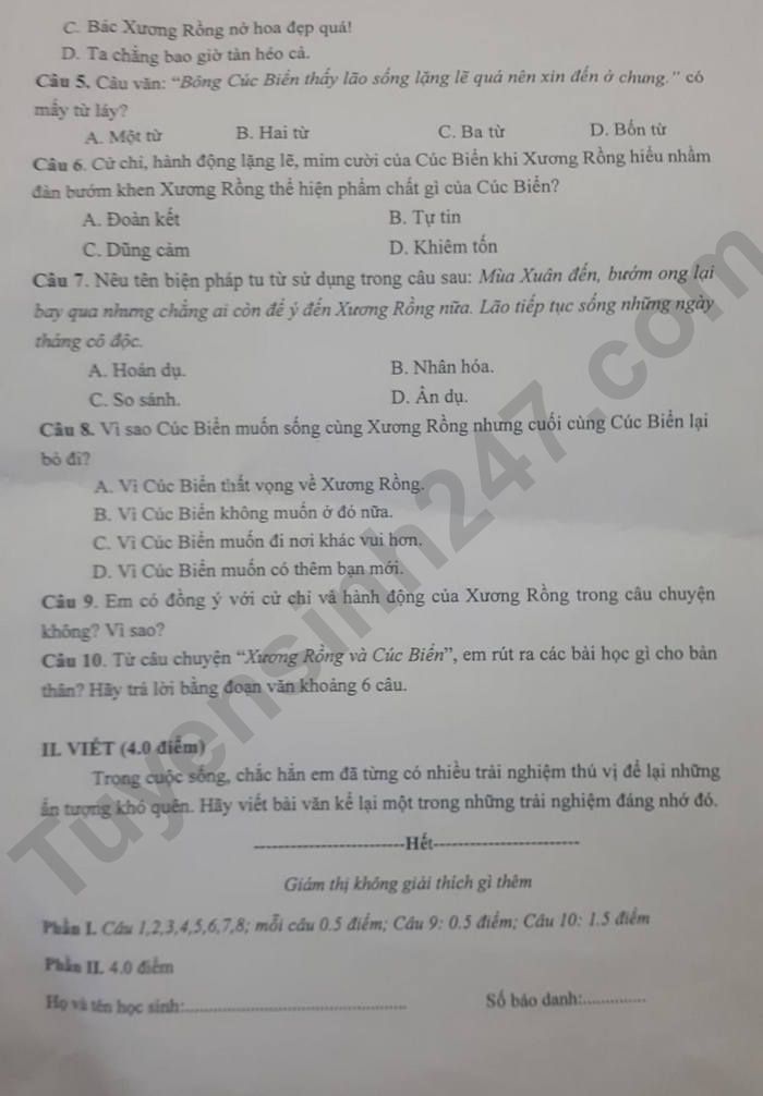 De thi giua ki 2 mon Van lop 6 - THCS Xuan La 2024