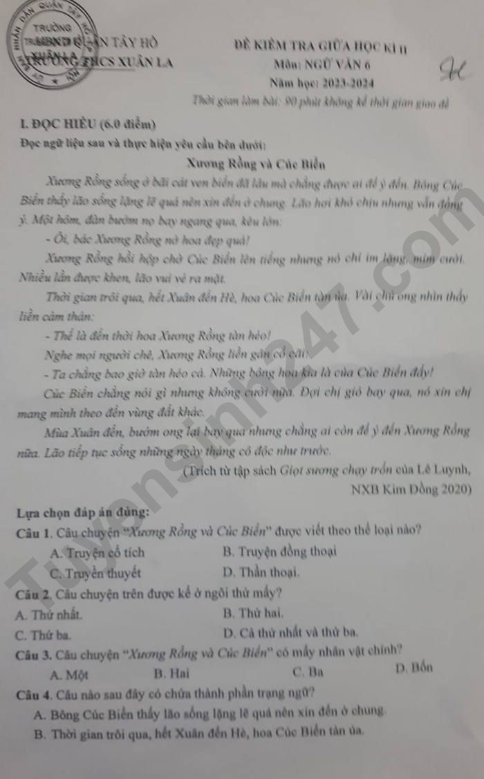 De thi giua ki 2 mon Van lop 6 - THCS Xuan La 2024