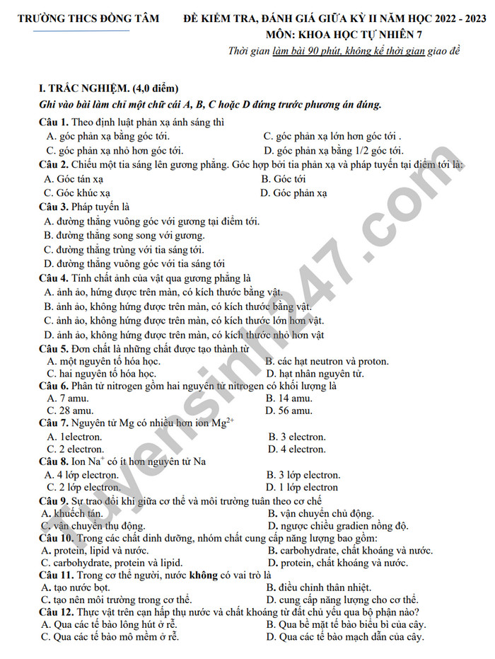 De thi giua ki 2 nam 2023 mon Khoa hoc tu nhien lop 7 - THCS Dong Tam (Co dap an)
