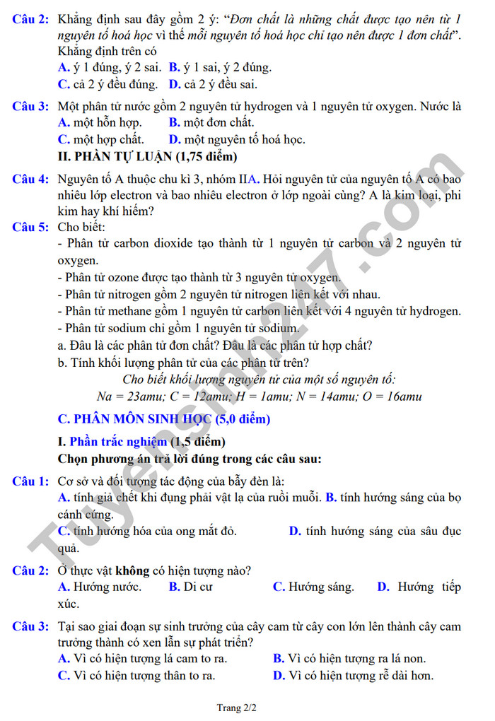 De thi giua ki 2 nam 2023 mon Khoa hoc tu nhien lop 7 - tinh Bac Ninh (Co dap an)
