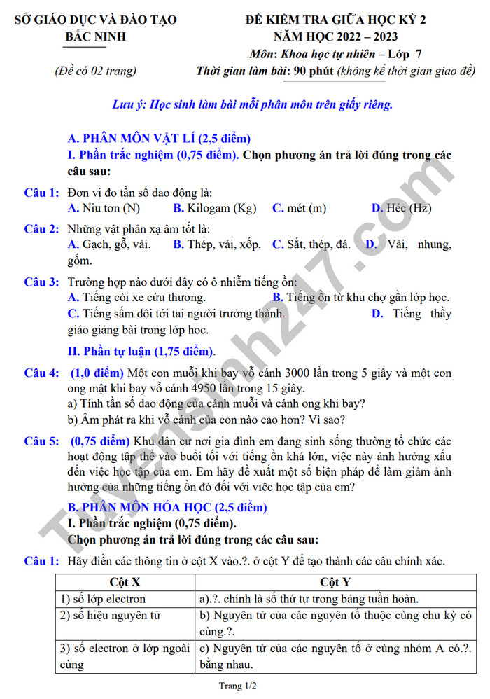 De thi giua ki 2 nam 2023 mon Khoa hoc tu nhien lop 7 - tinh Bac Ninh (Co dap an)