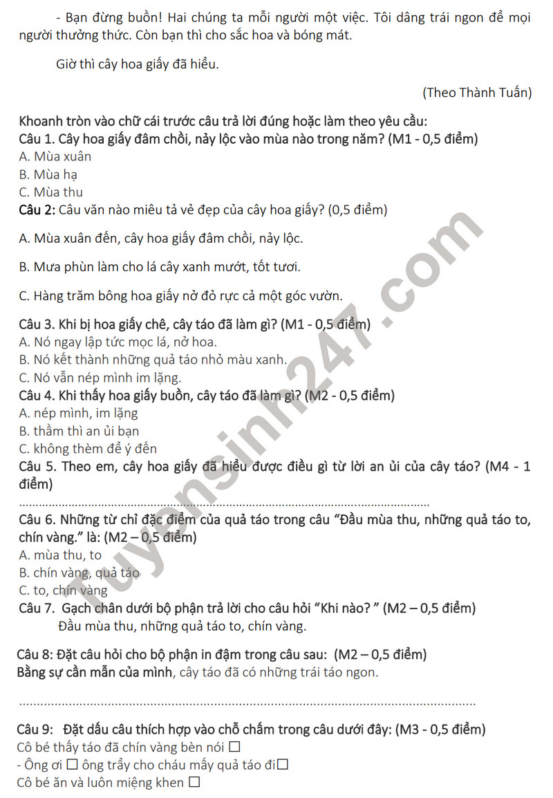 De thi giua ki 2 mon Tieng Viet lop 3 nam 2023 - TH Minh Tan (Co dap an)