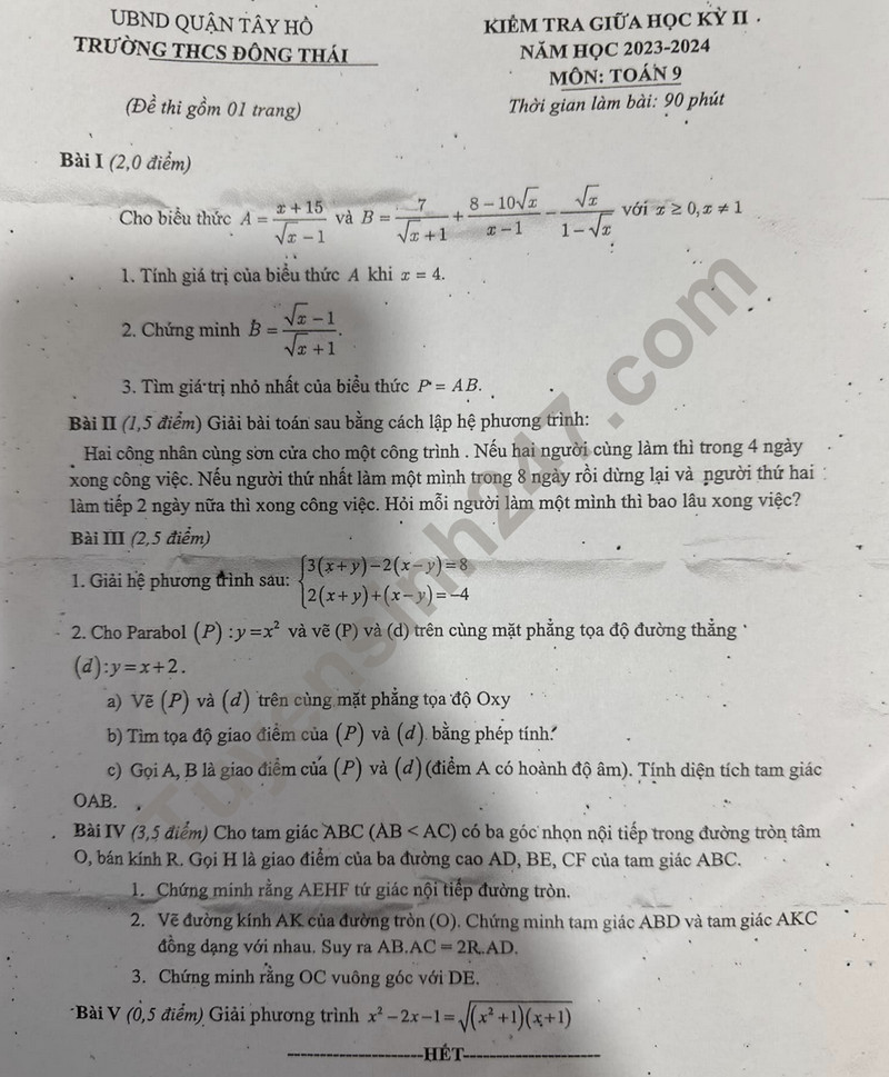 De thi giua ki 2 mon Toan lop 9 nam 2024 - THCS Dong Thai