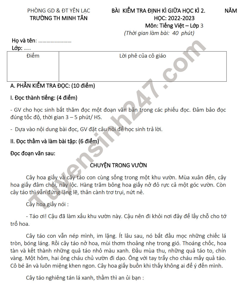 De thi giua ki 2 mon Tieng Viet lop 3 nam 2023 - TH Minh Tan (Co dap an)