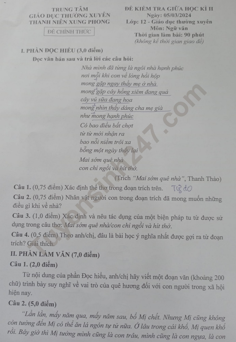 De thi giua ki 2 lop 12 mon Van nam 2024 - Trung tam GDTX Thanh nien xung phong