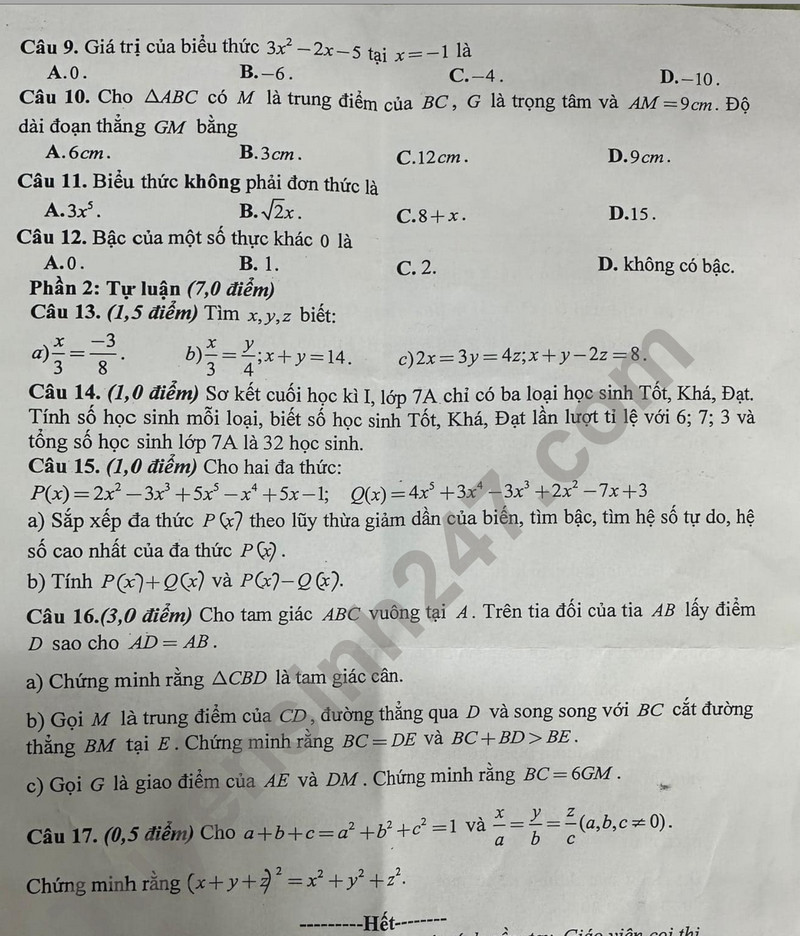 De thi giua ki 2 lop 7 mon Toan - THCS&THPT Le Quy Don Lien cap 2024