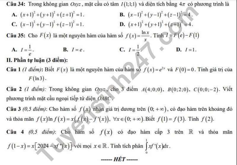 De giua ki 2 lop 12 mon Toan - THPT thi xa Quang Tri 2024 (Co dap an)
