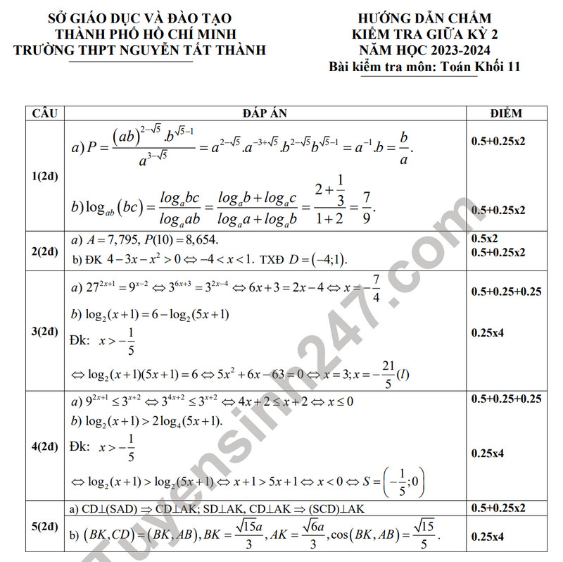 De giua ki 2 lop 11 mon Toan nam 2024 - THPT Nguyen Tat Thanh (Co dap an)