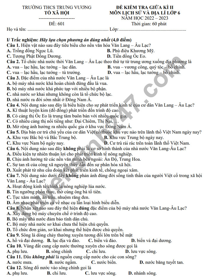 De thi giua ki 2 lop 6 mon Su - Dia - THCS Trung Vuong 2023