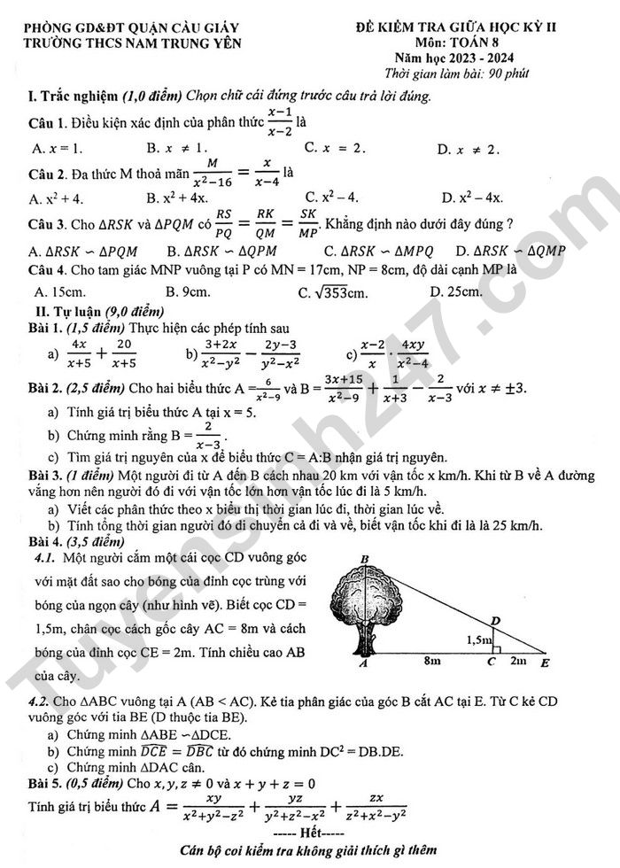 De thi giua ki 2 mon Toan lop 8 nam 2023 - THCS Nam Trung Yen