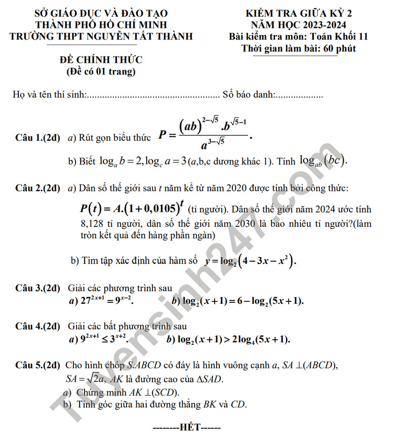 De giua ki 2 lop 11 mon Toan nam 2024 - THPT Nguyen Tat Thanh (Co dap an)