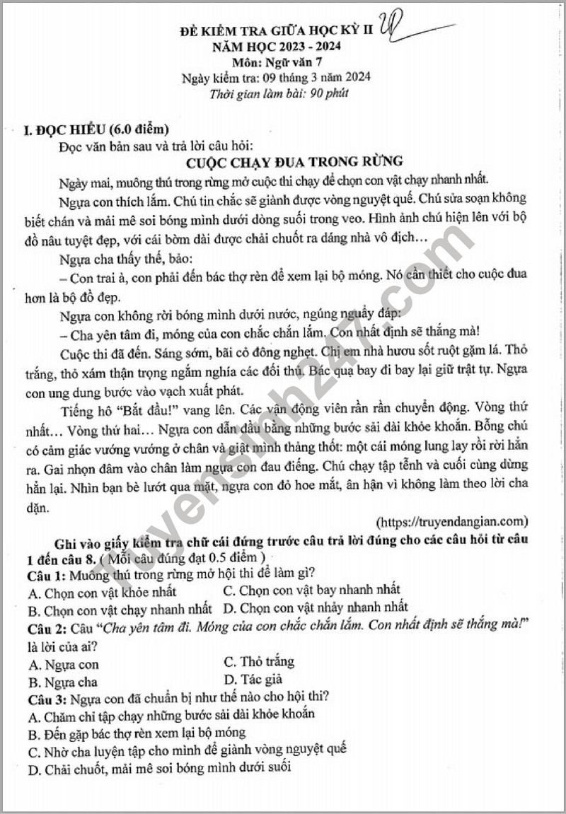 De thi giua ki 2 mon Van lop 7 nam 2024 - THCS To Hoang