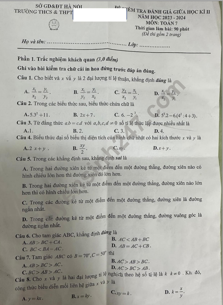 De thi giua ki 2 lop 7 mon Toan - THCS&THPT Le Quy Don Lien cap 2024