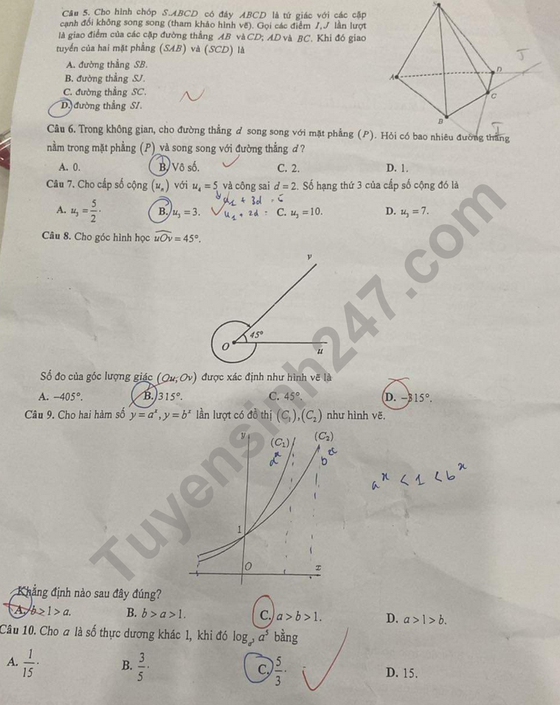 Huong dan giai de khao sat lop 11 mon Toan 2024 - So GD Ha Noi Ma de 107