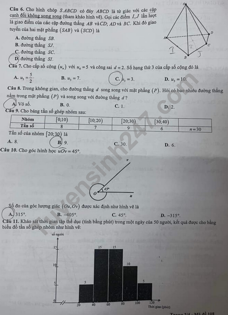 Huong dan giai de khao sat lop 11 mon Toan 2024 - So GD Ha Noi Ma de 108