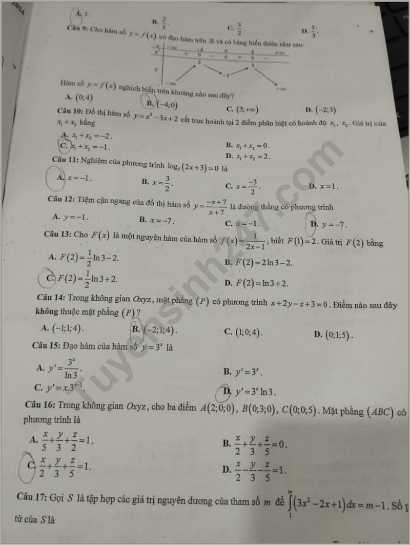 De giua ki 2 mon Toan lop 12 - THPT Yen Hoa 2024 (Co dap an)