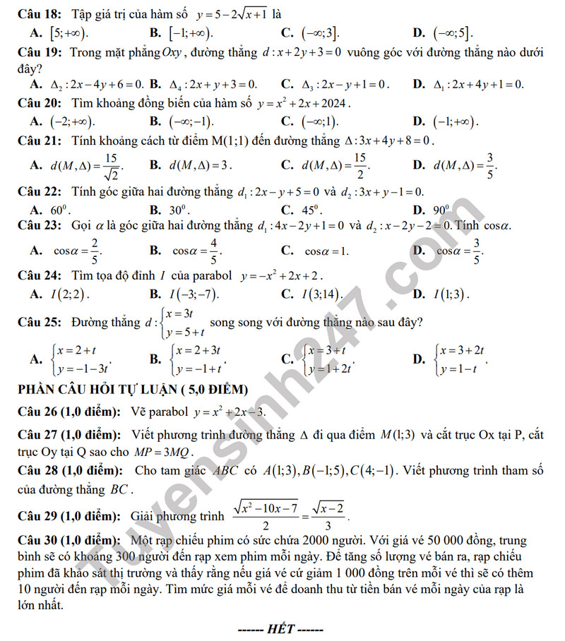 De giua ki 2  mon Toan lop 10 nam 2024 - THPT thi xa Quang Tri (Co dap an)