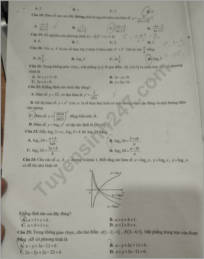 De giua ki 2 mon Toan lop 12 - THPT Yen Hoa 2024 (Co dap an)