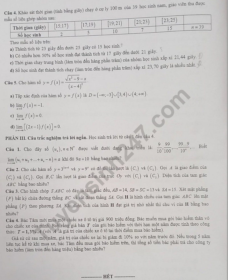 Huong dan giai de khao sat lop 11 mon Toan 2024 - So GD Ha Noi Ma de 113