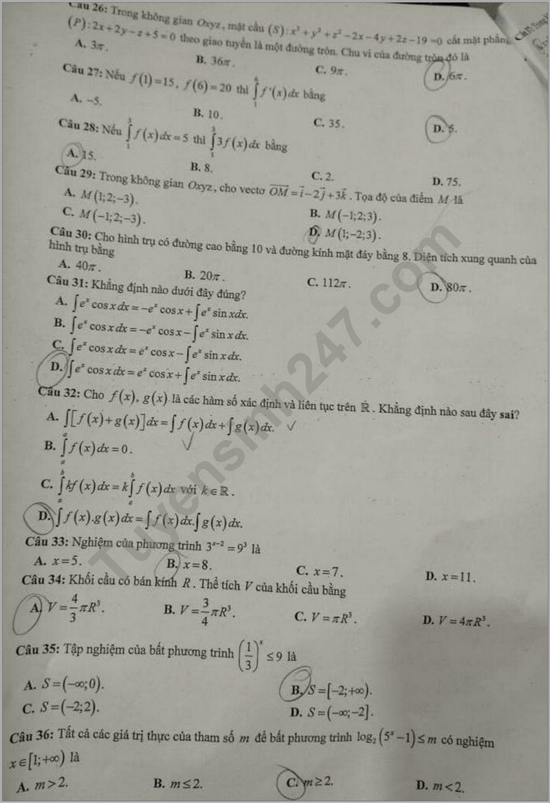 De giua ki 2 mon Toan lop 12 - THPT Yen Hoa 2024 (Co dap an)
