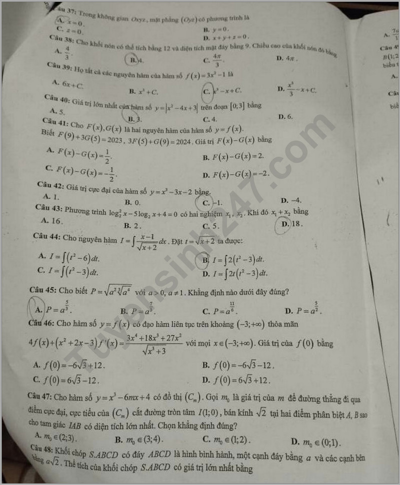 De giua ki 2 mon Toan lop 12 - THPT Yen Hoa 2024 (Co dap an)