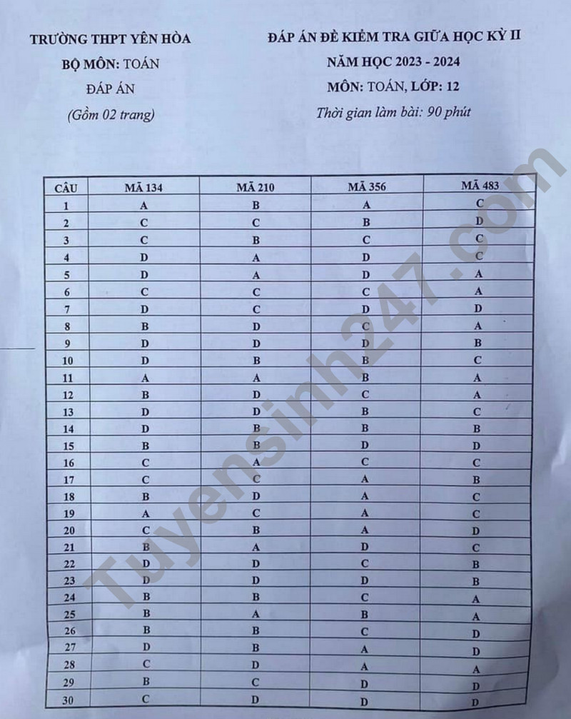 De giua ki 2 mon Toan lop 12 - THPT Yen Hoa 2024 (Co dap an)