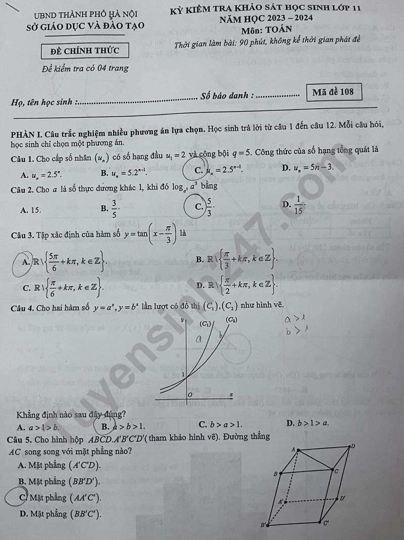 Huong dan giai de khao sat lop 11 mon Toan 2024 - So GD Ha Noi Ma de 108