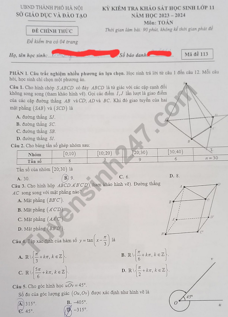 Huong dan giai de khao sat lop 11 mon Toan 2024 - So GD Ha Noi Ma de 113