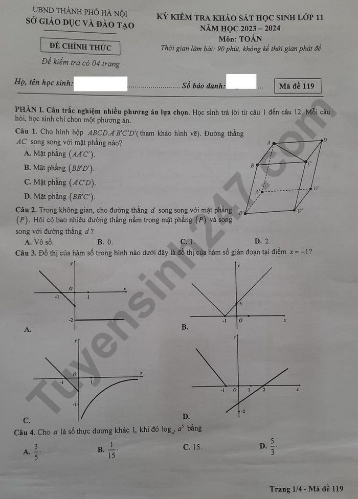 Huong dan giai de khao sat lop 11 mon Toan - So GD Ha Noi 2024 ma de 119