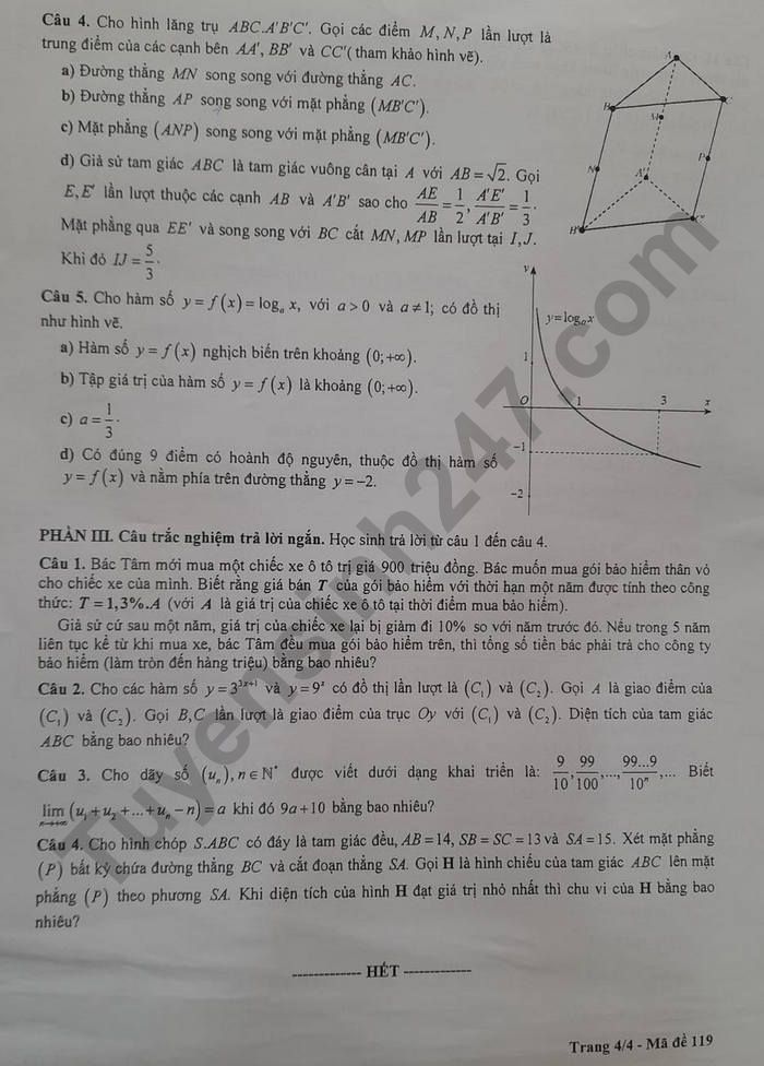 Huong dan giai de khao sat lop 11 mon Toan - So GD Ha Noi 2024 ma de 119