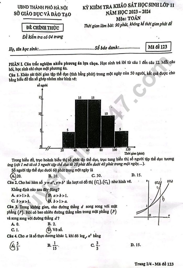 Huong dan giai de khao sat lop 11 mon Toan 2024 - So GD Ha Noi ma de 123