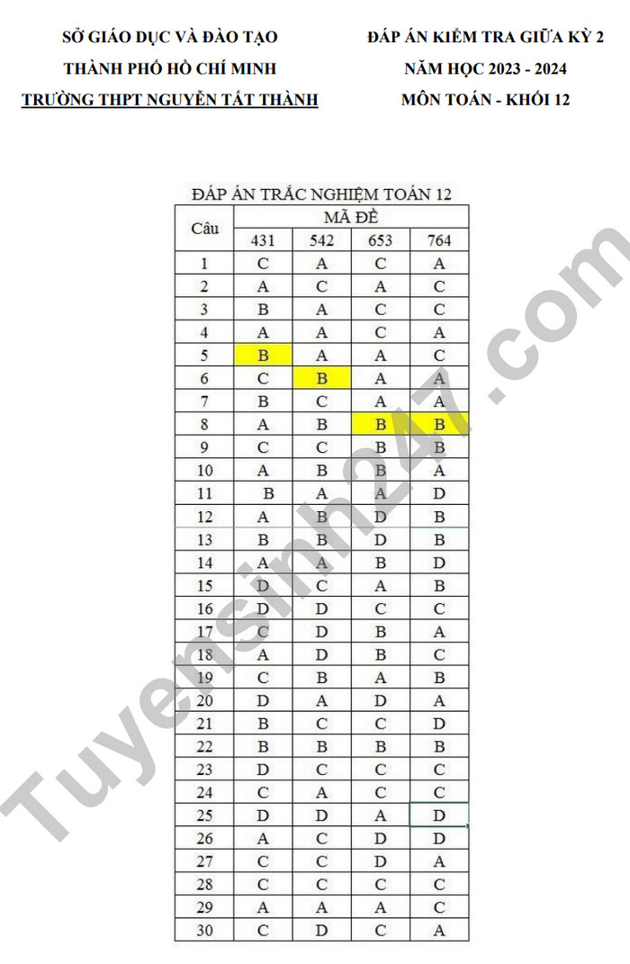 De giua ki 2 lop 12 mon Toan - THPT Nguyen Tat Thanh 2024 (Co dap an)