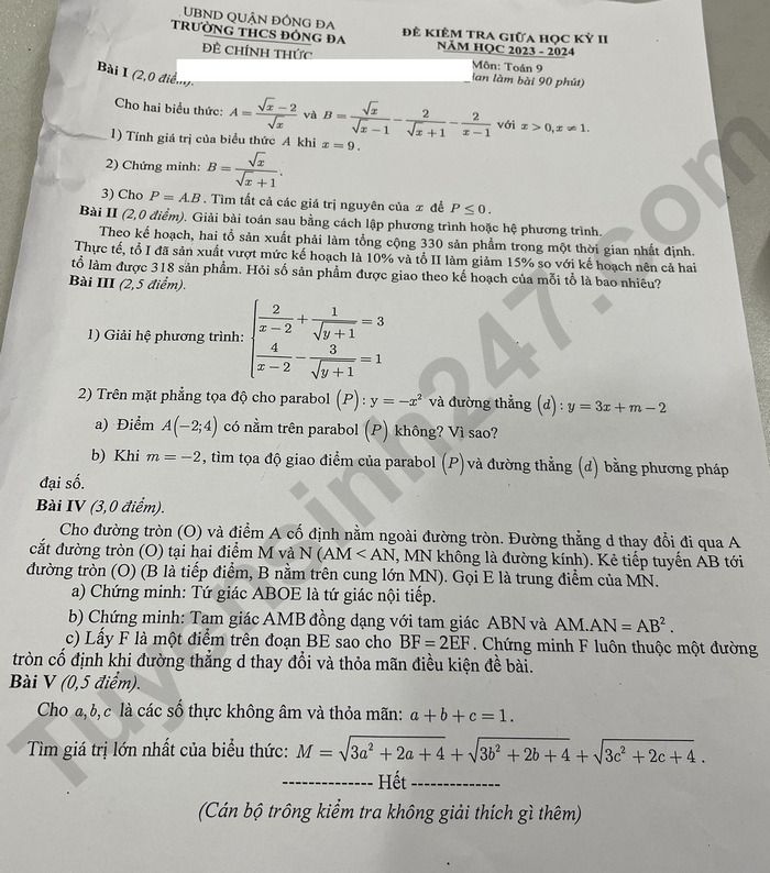De thi giua ki 2 mon Toan lop 9 nam 2024 - THCS Dong Da