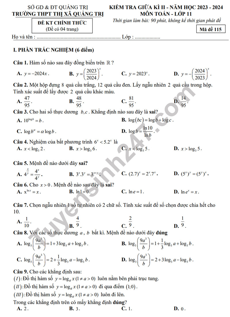 De giua ki 2 mon Toan lop 11 - THPT thi xa Quang Tri 2024 (Co dap an)