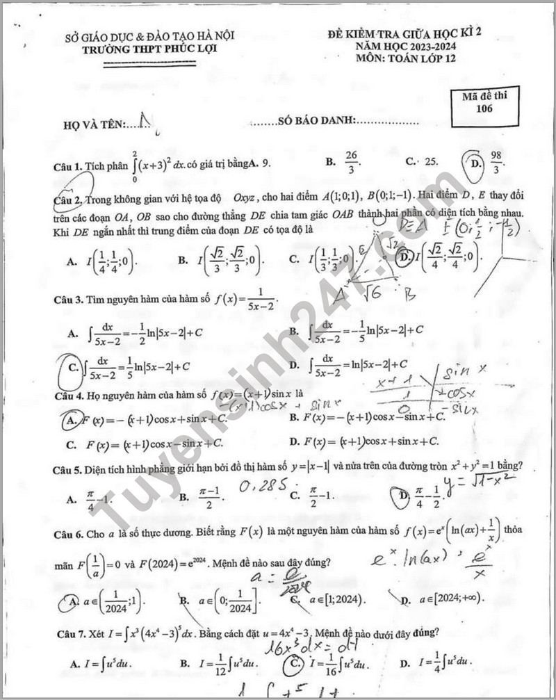 De giua ki 2 mon Toan lop 12 - THPT Phuc Loi 2024