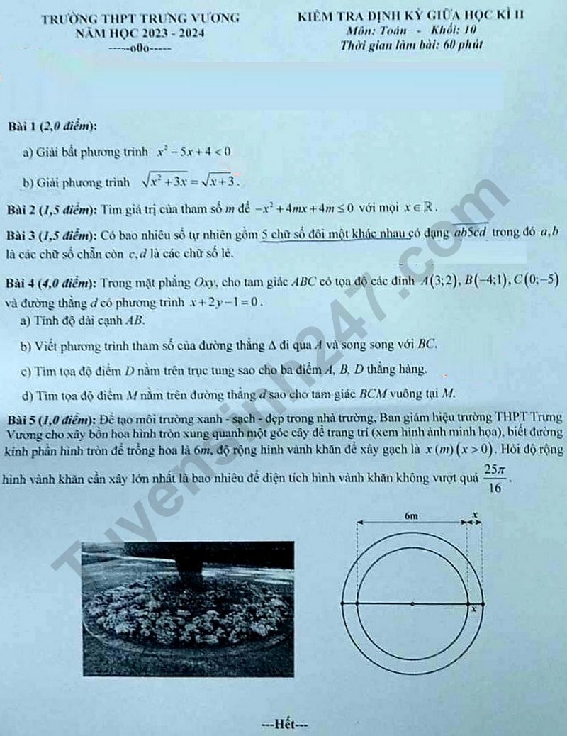 De thi giua ki 2 lop 10 mon Toan 2024 - THPT Trung Vuong