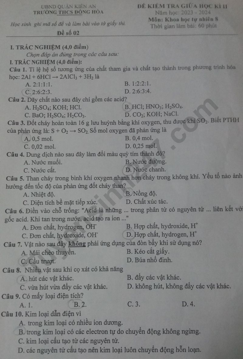 De thi giua ki 2 mon KHTN lop 8 nam 2024 - THCS Dong Hoa (Co dap an)