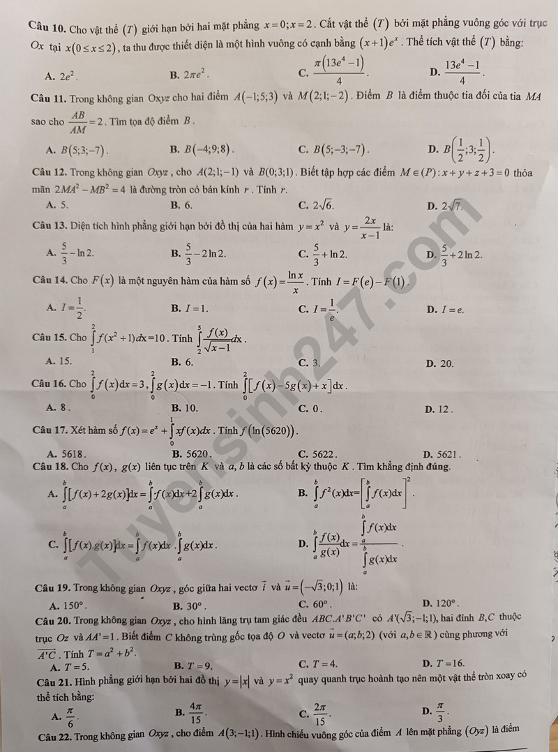 De giua ki 2 lop 12 mon Toan - THPT Ha Huy Tap 2024