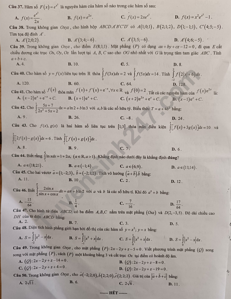De giua ki 2 lop 12 mon Toan - THPT Ha Huy Tap 2024