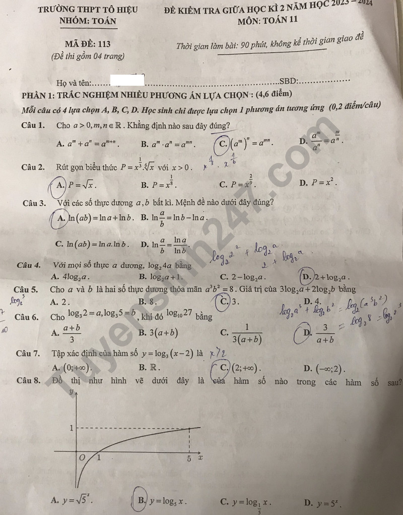 De thi giua ki 2 mon Toan lop 11 nam 2024 - THPT To Hieu