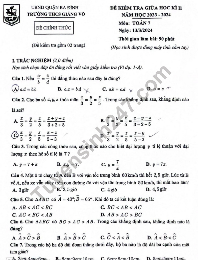 De thi giua ki 2 mon Toan lop 7 - THCS Giang Vo 2024